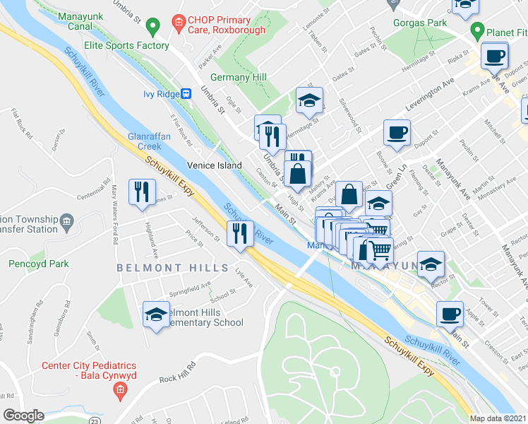 map of restaurants, bars, coffee shops, grocery stores, and more near 4566 Riverside Way in Philadelphia