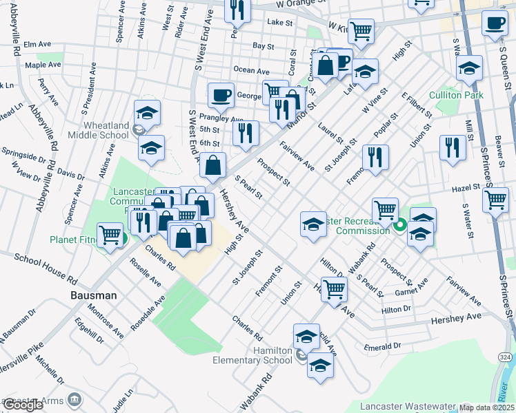 map of restaurants, bars, coffee shops, grocery stores, and more near 1015 High Street in Lancaster