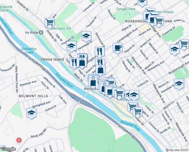 map of restaurants, bars, coffee shops, grocery stores, and more near 4522 Smick Street in Philadelphia