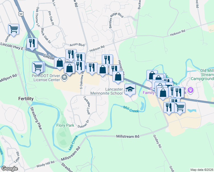 map of restaurants, bars, coffee shops, grocery stores, and more near 149 Greenland Drive in Lancaster