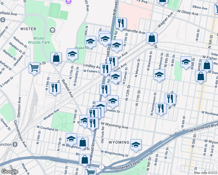map of restaurants, bars, coffee shops, grocery stores, and more near 1315 West Ruscomb Street in Philadelphia