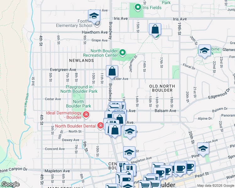 map of restaurants, bars, coffee shops, grocery stores, and more near 2945 13th Street in Boulder