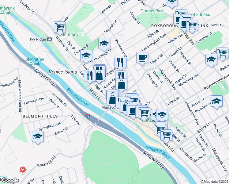 map of restaurants, bars, coffee shops, grocery stores, and more near 4522 Smick Street in Philadelphia