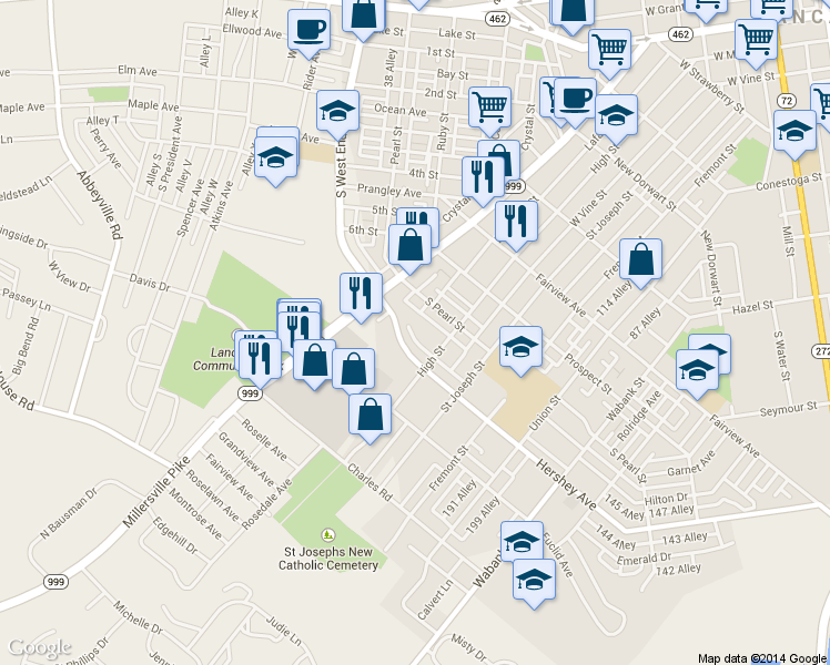map of restaurants, bars, coffee shops, grocery stores, and more near 63 Hershey Avenue in Lancaster