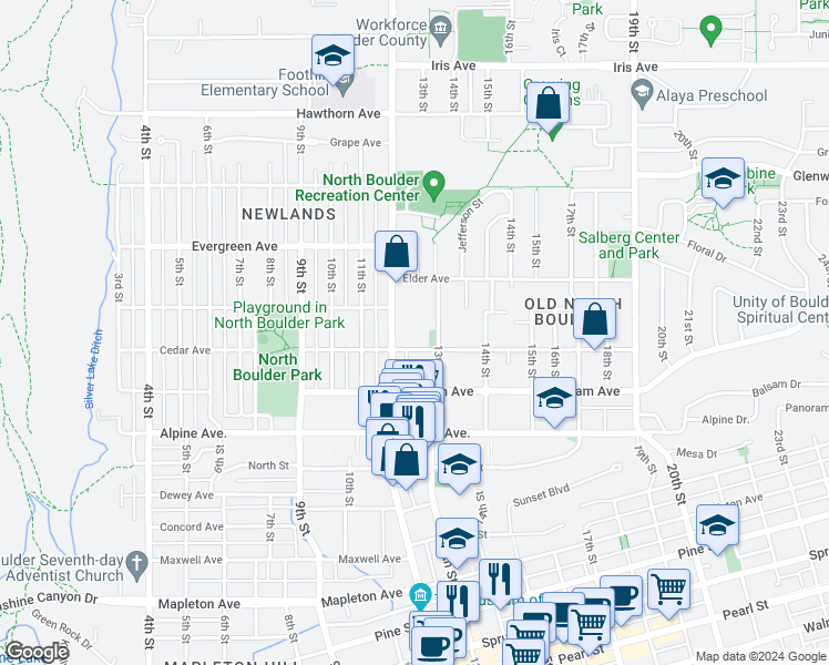 map of restaurants, bars, coffee shops, grocery stores, and more near 2945 13th Street in Boulder
