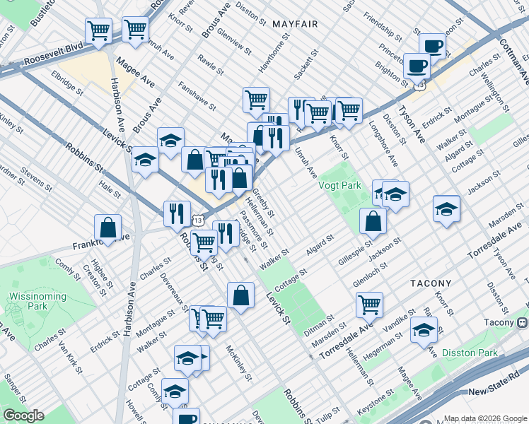 map of restaurants, bars, coffee shops, grocery stores, and more near in Philadelphia