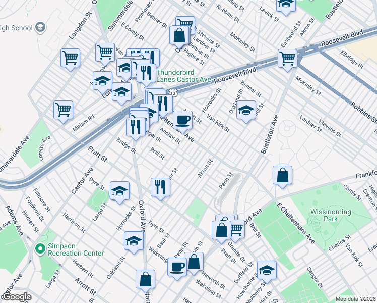 map of restaurants, bars, coffee shops, grocery stores, and more near 5433 Horrocks Street in Philadelphia