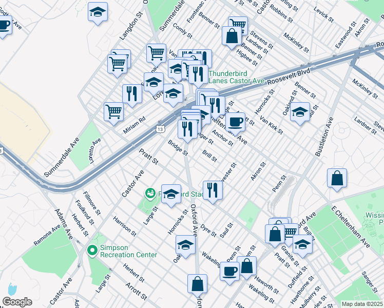 map of restaurants, bars, coffee shops, grocery stores, and more near 5304 Oxford Avenue in Philadelphia