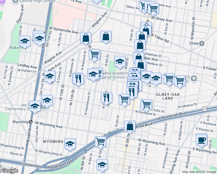 map of restaurants, bars, coffee shops, grocery stores, and more near 5051 North Franklin Street in Philadelphia
