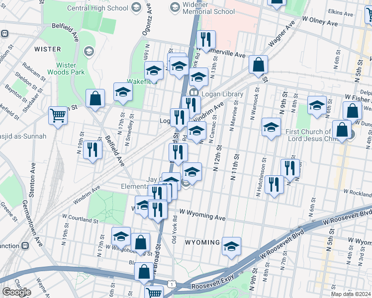 map of restaurants, bars, coffee shops, grocery stores, and more near 1306 West Ruscomb Street in Philadelphia
