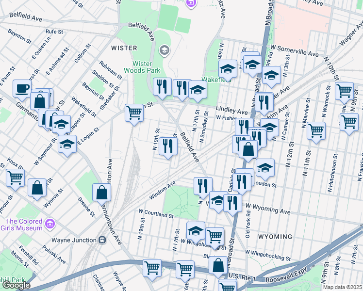 map of restaurants, bars, coffee shops, grocery stores, and more near 1734 Belfield Avenue in Philadelphia