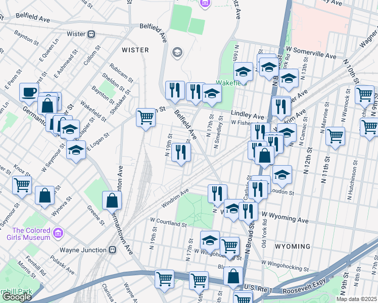 map of restaurants, bars, coffee shops, grocery stores, and more near 1734 Belfield Avenue in Philadelphia