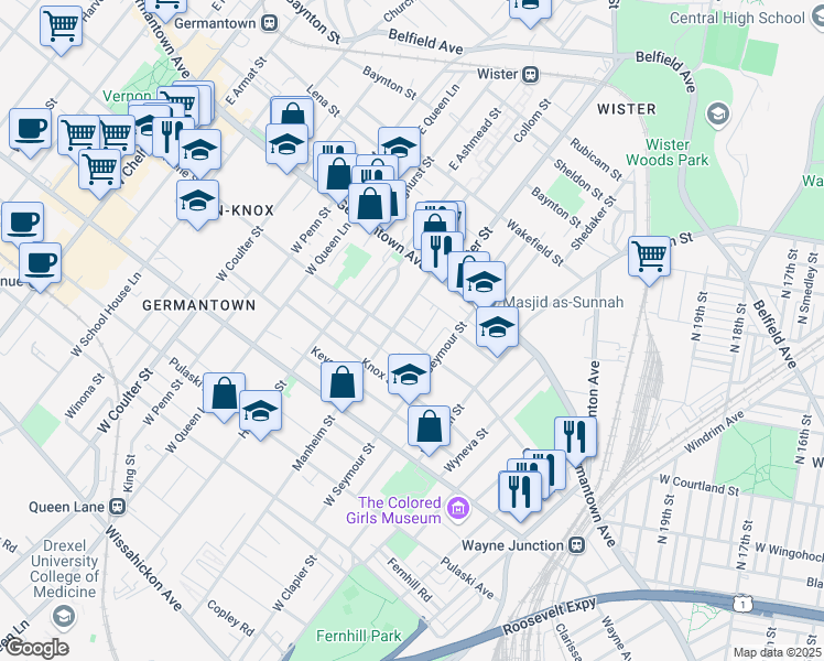 map of restaurants, bars, coffee shops, grocery stores, and more near 58 Manheim Street in Philadelphia