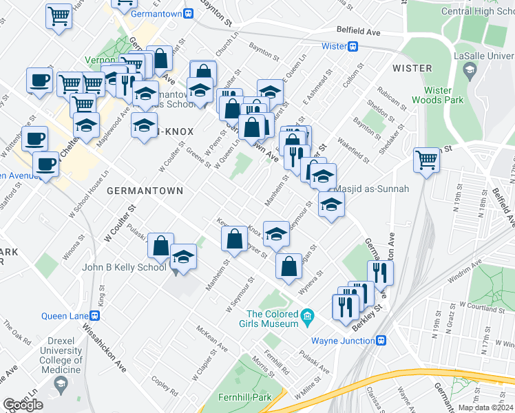 map of restaurants, bars, coffee shops, grocery stores, and more near 5126 Greene Street in Philadelphia