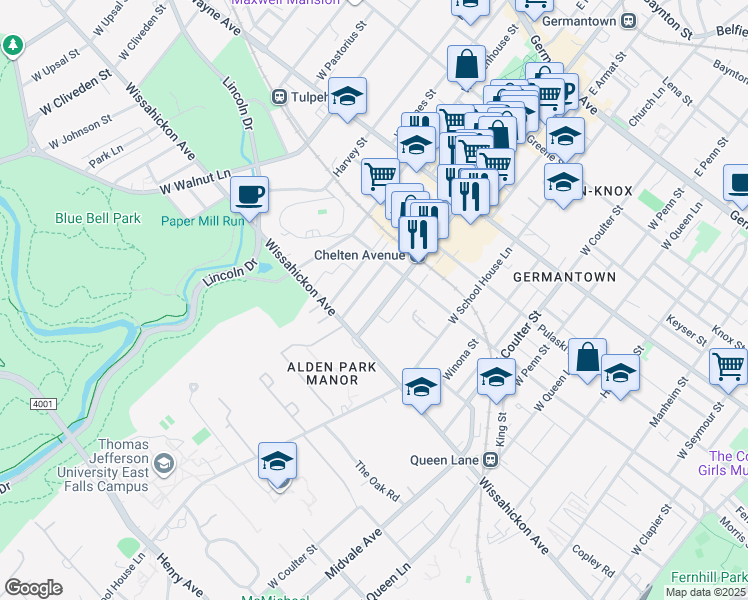 map of restaurants, bars, coffee shops, grocery stores, and more near 427 West Chelten Avenue in Philadelphia