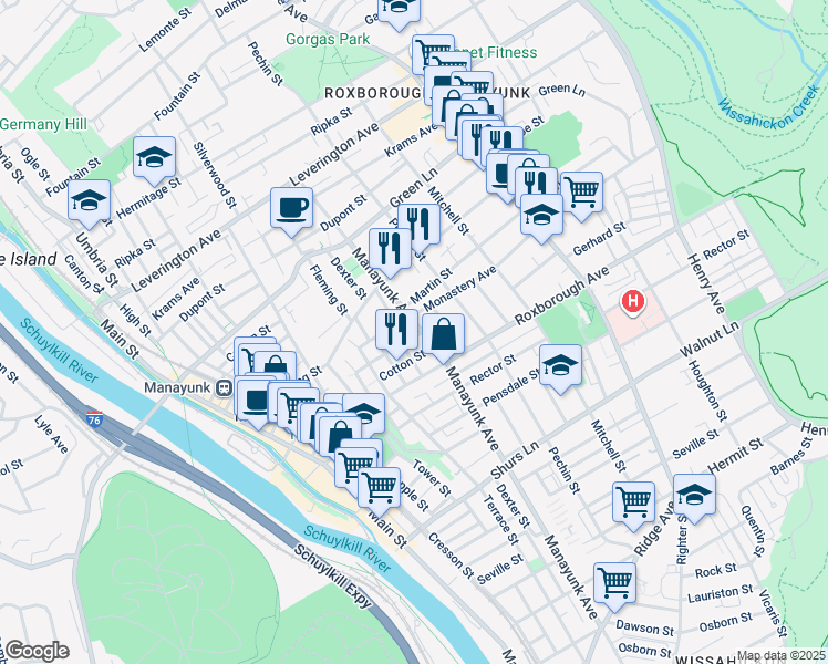 map of restaurants, bars, coffee shops, grocery stores, and more near 303 Monastery Avenue in Philadelphia