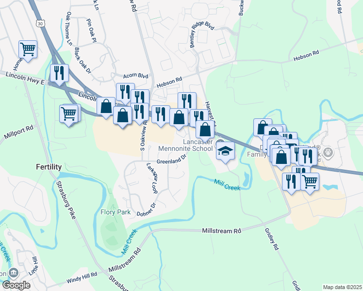 map of restaurants, bars, coffee shops, grocery stores, and more near 149 Greenland Drive in Lancaster