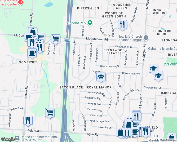 map of restaurants, bars, coffee shops, grocery stores, and more near 390 Lincolnshire Road in Columbus