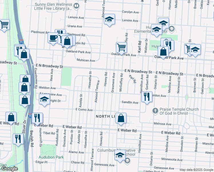 map of restaurants, bars, coffee shops, grocery stores, and more near 3094 Howey Road in Columbus