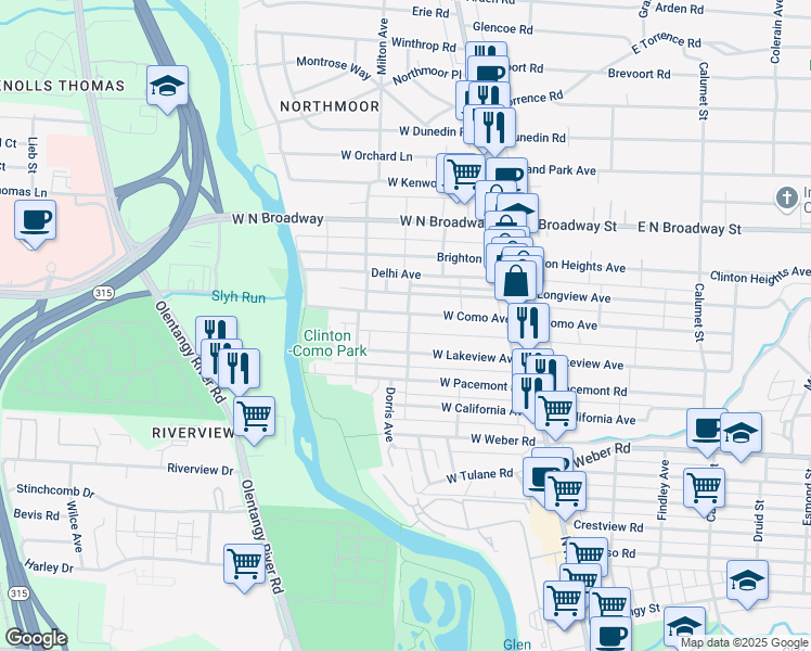 map of restaurants, bars, coffee shops, grocery stores, and more near 132 West Como Avenue in Columbus