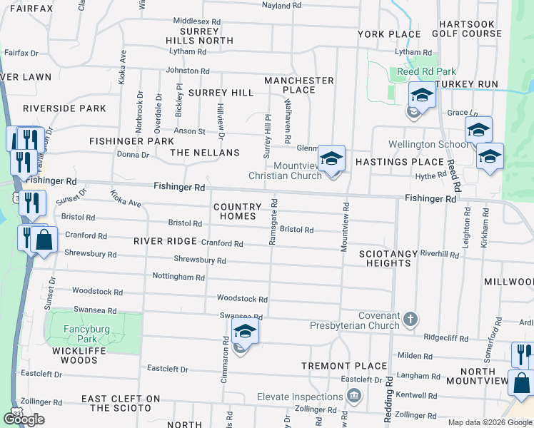 map of restaurants, bars, coffee shops, grocery stores, and more near 2320 Edgevale Road in Columbus