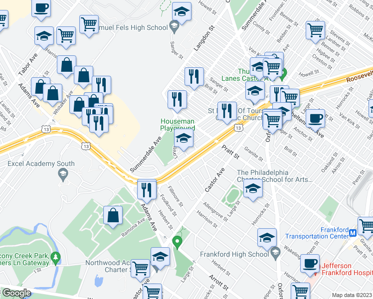 map of restaurants, bars, coffee shops, grocery stores, and more near 4901 Miriam Road in Philadelphia