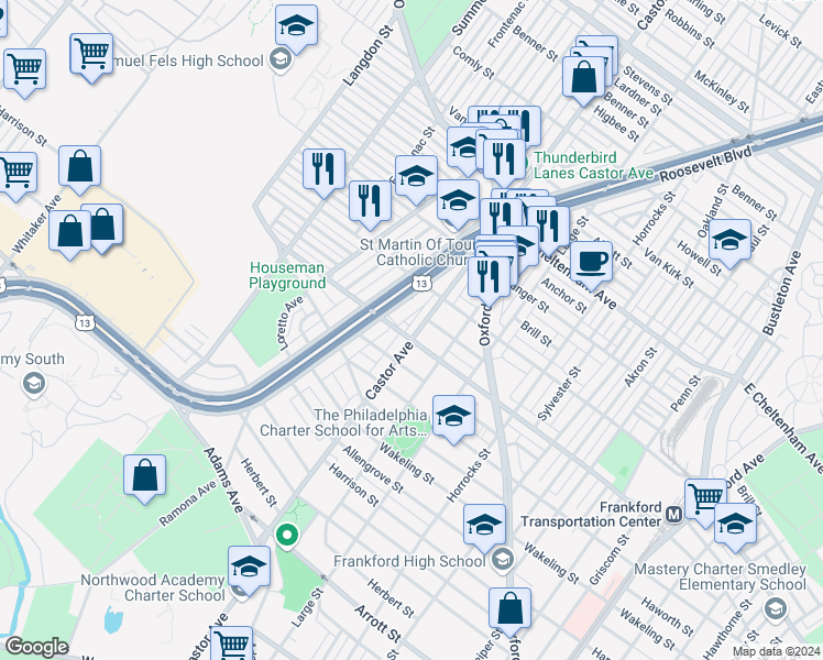 map of restaurants, bars, coffee shops, grocery stores, and more near 5206 Castor Avenue in Philadelphia