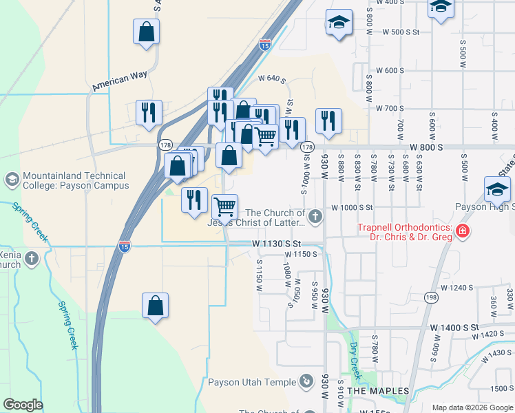 map of restaurants, bars, coffee shops, grocery stores, and more near 1152 West 1000 South in Payson