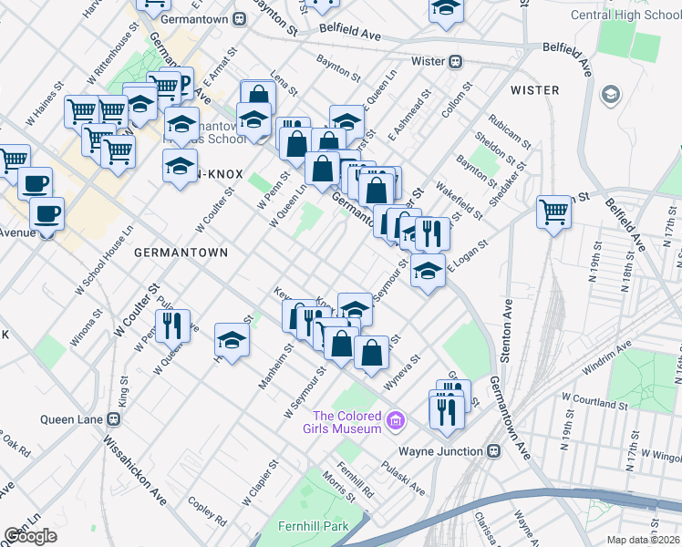 map of restaurants, bars, coffee shops, grocery stores, and more near Greene St & W Manheim St in Philadelphia