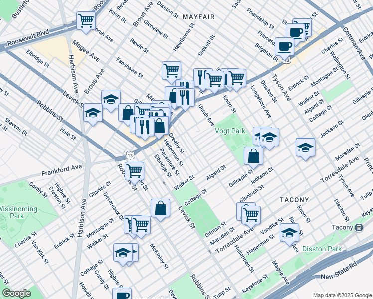 map of restaurants, bars, coffee shops, grocery stores, and more near 4144 Gilham Street in Philadelphia