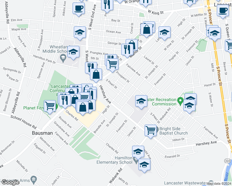 map of restaurants, bars, coffee shops, grocery stores, and more near 1015 High Street in Lancaster
