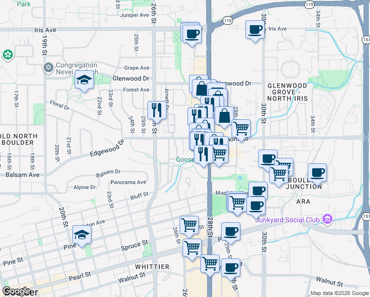 map of restaurants, bars, coffee shops, grocery stores, and more near 2964 Shady Hollow West in Boulder