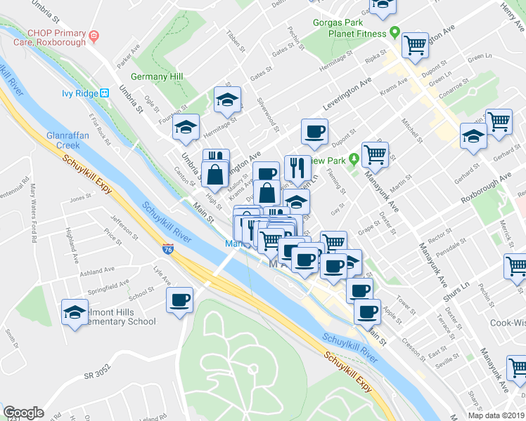 map of restaurants, bars, coffee shops, grocery stores, and more near 4513 Saint Davids Street in Philadelphia
