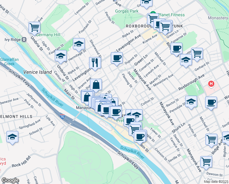 map of restaurants, bars, coffee shops, grocery stores, and more near 4450 Silverwood Street in Philadelphia