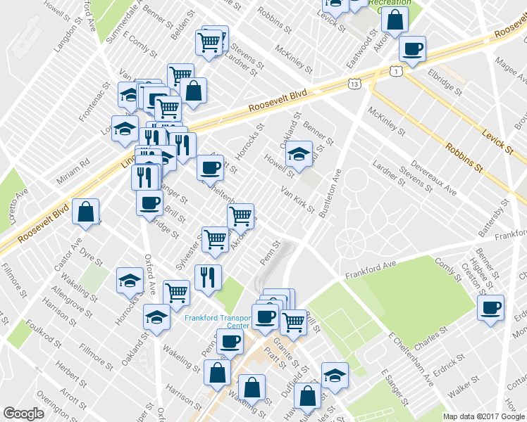 map of restaurants, bars, coffee shops, grocery stores, and more near 5813 Akron Street in Philadelphia