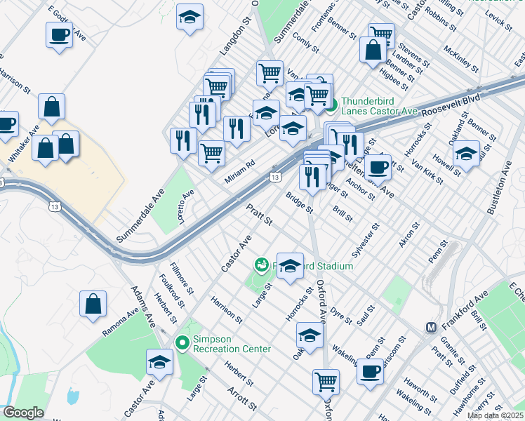 map of restaurants, bars, coffee shops, grocery stores, and more near 5206 Castor Avenue in Philadelphia