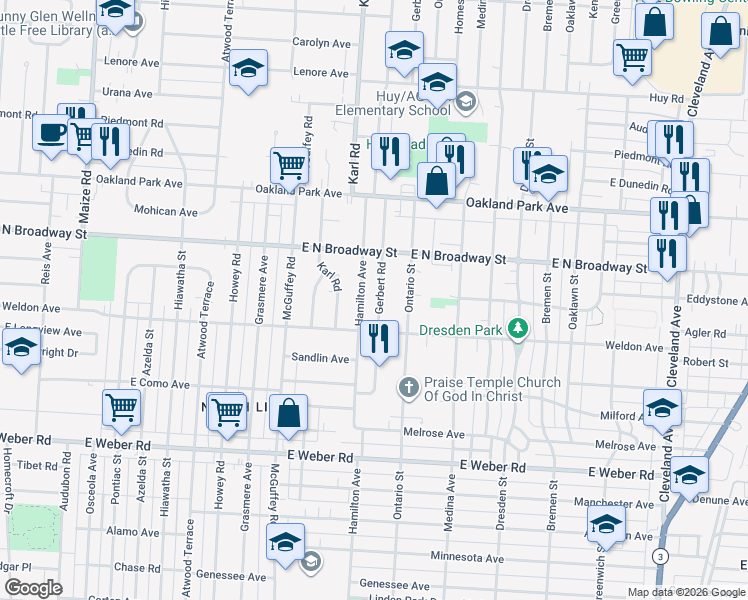 map of restaurants, bars, coffee shops, grocery stores, and more near 3045 Gerbert Road in Columbus