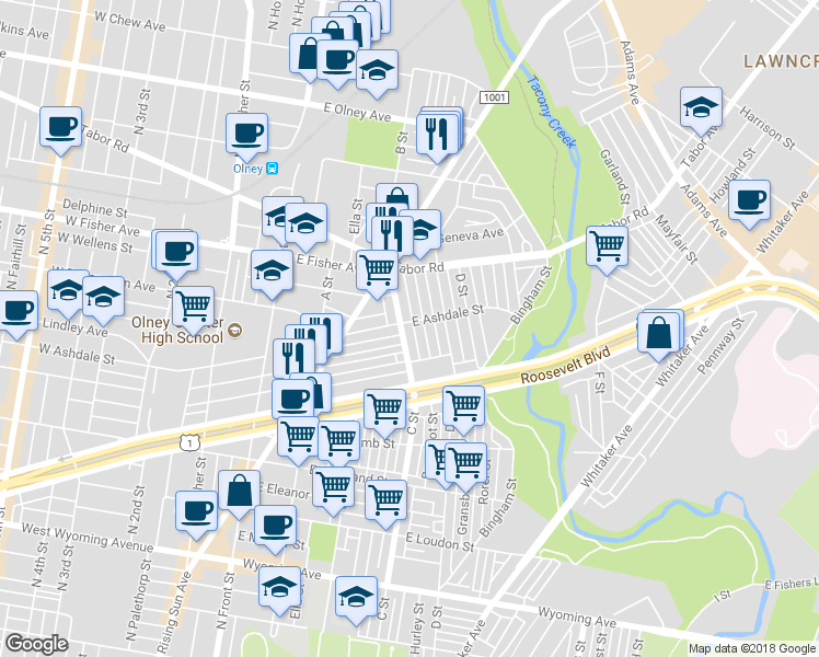 map of restaurants, bars, coffee shops, grocery stores, and more near 5163 C Street in Philadelphia