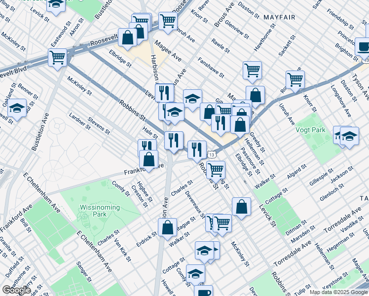 map of restaurants, bars, coffee shops, grocery stores, and more near 6300 Hawthorne Street in Philadelphia