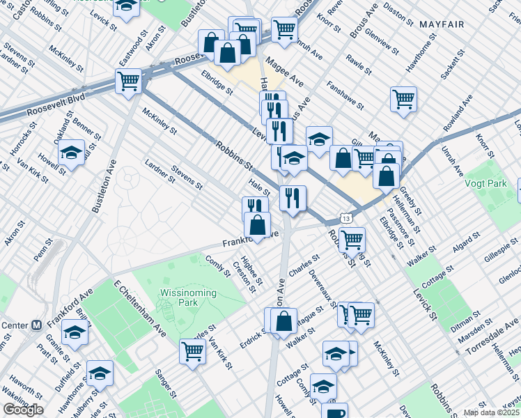 map of restaurants, bars, coffee shops, grocery stores, and more near 2951 Devereaux Avenue in Philadelphia