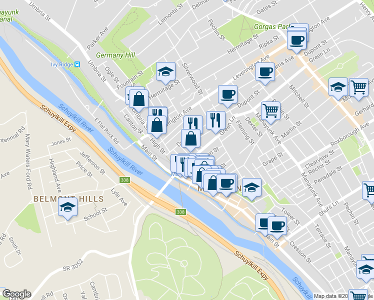 map of restaurants, bars, coffee shops, grocery stores, and more near 4511 Smick Street in Philadelphia