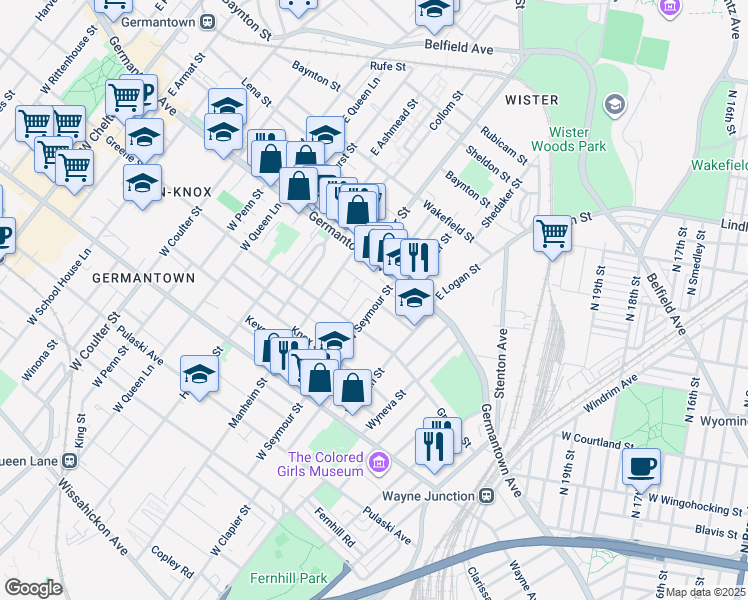 map of restaurants, bars, coffee shops, grocery stores, and more near 35 West Seymour Street in Philadelphia