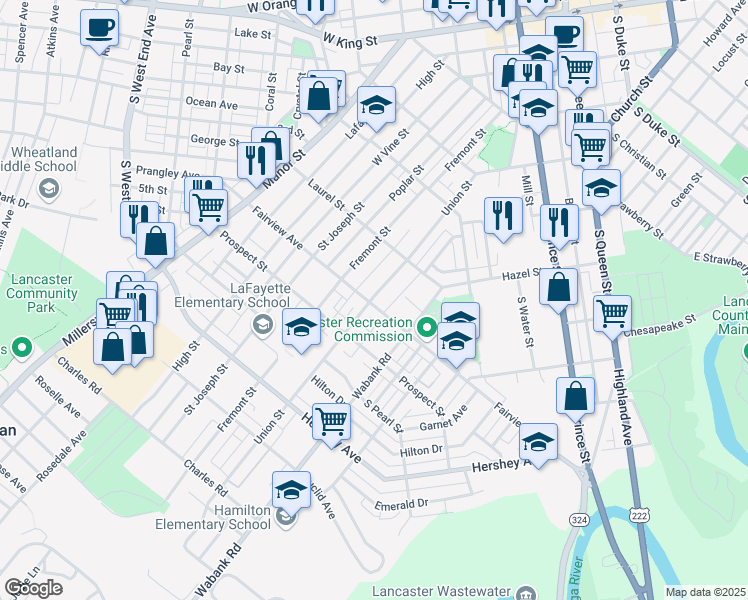 map of restaurants, bars, coffee shops, grocery stores, and more near 401 Fairview Avenue in Lancaster