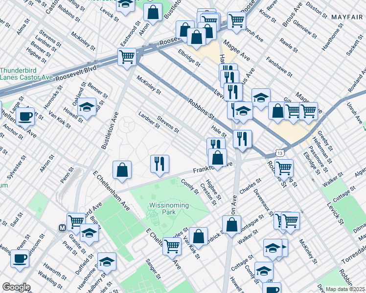 map of restaurants, bars, coffee shops, grocery stores, and more near 2830 Lardner Street in Philadelphia