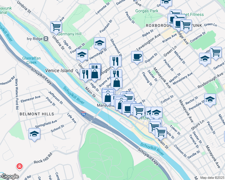 map of restaurants, bars, coffee shops, grocery stores, and more near 4511 Smick Street in Philadelphia