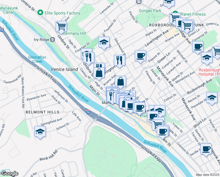 map of restaurants, bars, coffee shops, grocery stores, and more near 133 Dupont Street in Philadelphia