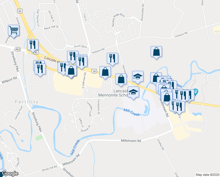 map of restaurants, bars, coffee shops, grocery stores, and more near 141 Greenland Drive in Lancaster