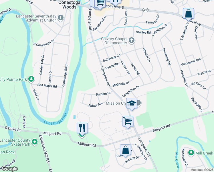 map of restaurants, bars, coffee shops, grocery stores, and more near 424 Lampeter Road in Lancaster