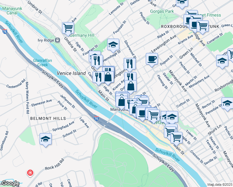 map of restaurants, bars, coffee shops, grocery stores, and more near 4539 Baker Street in Philadelphia