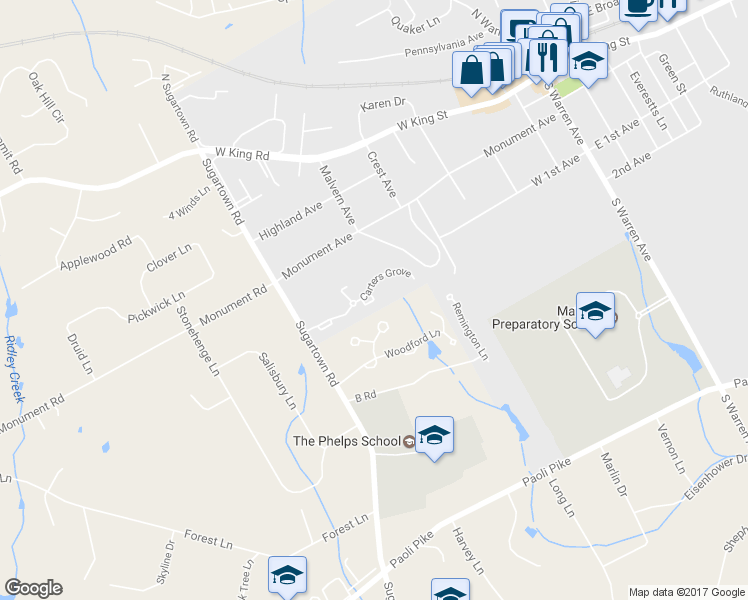 map of restaurants, bars, coffee shops, grocery stores, and more near 164 Kentsdale Ct in Malvern